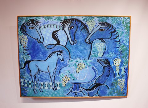 Maleri på lærred kaldet "Vin havens blå heste" af Vibeke Alfelt fra 1991.
5000m2 udstilling.