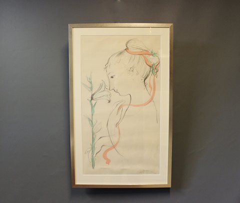 Lithographic print of pretty girl with flower signed by Bjørn Wiinblad in 1957 
with silver frame.
5000m2 showroom.