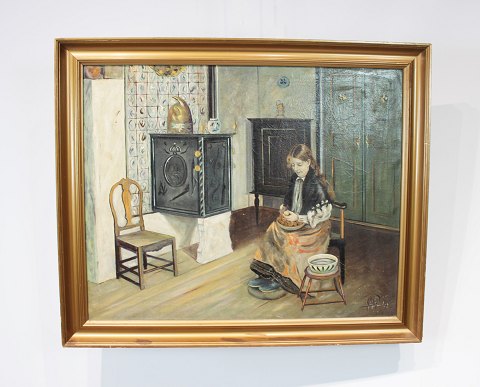 Painting with motif of a farm girl and gilded frame signed H.P. from 1942.
5000m2 showroom.