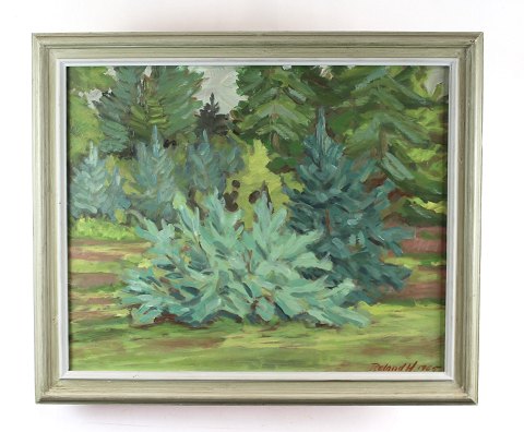 Oil painting in green colours with light grey wooden frame signed Roland H. 
1965.
5000m2 showroom.
