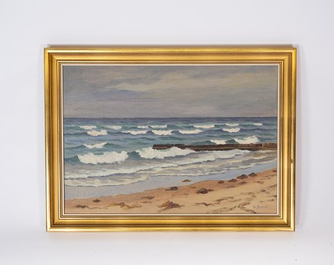 Olie maleri med strand motiv og forgyldt ramme signeret A. Brener af Arthur Brener 1886-1956.5000m2 udstilling.