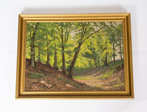 Oil painting with motif of a forrest in the spring, with gilded frame and 
unknown signature from the 1920s. 
5000m2 showroom.