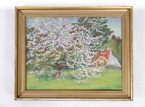 Oil painting with cherry wood motif and gilded frame, painted by Carl Lundblad 
(1903-1983) from 1957
