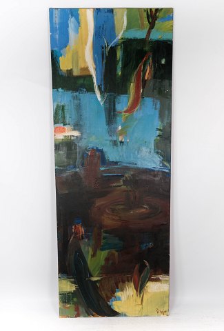 Tall oil painting on canvas in dark colors by the danish artist Åse Højer, b. 
1952.
5000m2 showroom.