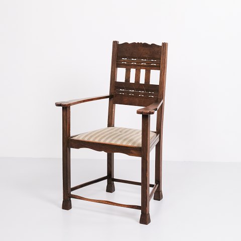 Antik Armstol - Egetræ - Stribet Polstring - 1930erne
