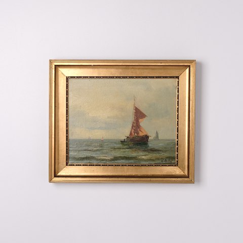Marinemaleri med Sejlskib i Guldramme fra 1890’erne
