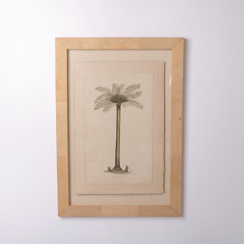 Tryk med motiv af palme i ramme fra 1980’erne