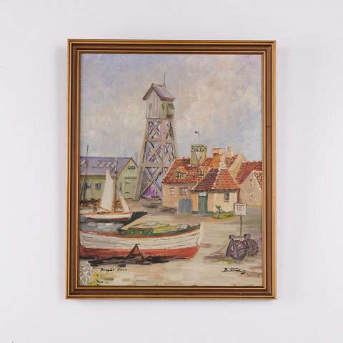 Maleri på Lærred med Motiv fra Dragør Havn af B. Tandberg