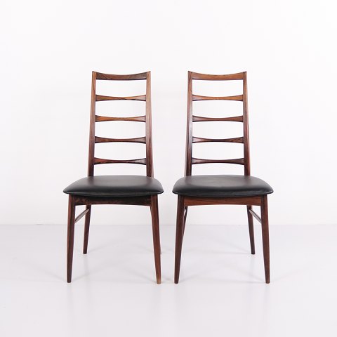 Sæt Af 2 model "Lis" Spisebordsstole i Palisander med Sort Elegance Læder Niels Koefoed 1960erne