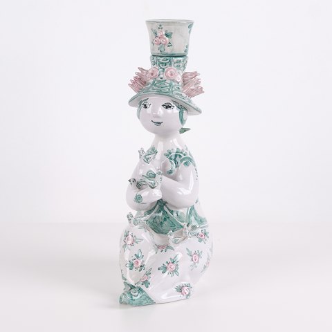 Bjørn Wiinblad Figur Nr. 93 i Grøn og Lyserød Keramik med Blomstermotiv