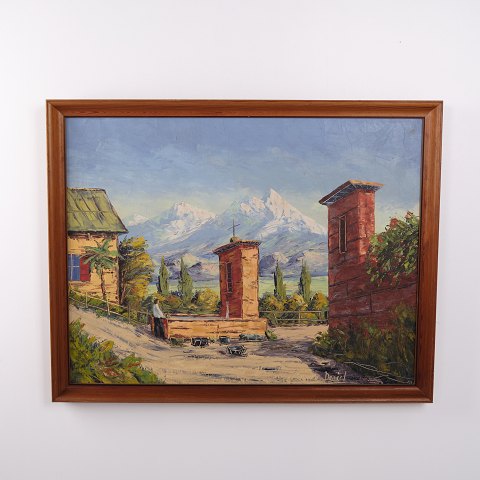 Oliemaleri med Sydlandsk Bjergmotiv, signeret Mogens Daniel, ca. 1950–1970