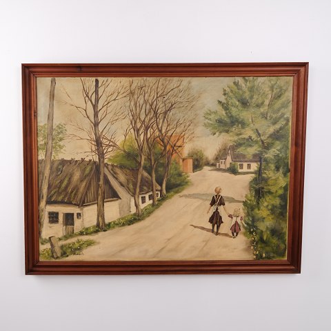 Oliemaleri med Landsbymotiv, Kvinde og Barn, signeret N. Leach, ca. 1940–1960