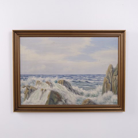 Oliemaleri med Klippekyst og Oprørt Hav, signeret Vagn Christensen, ca. 1940–1960