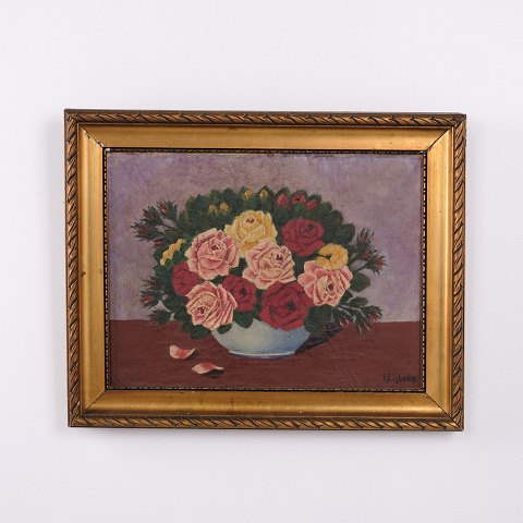 Oliemaleri med Roser i Skål, signeret, ca. 1930–1950