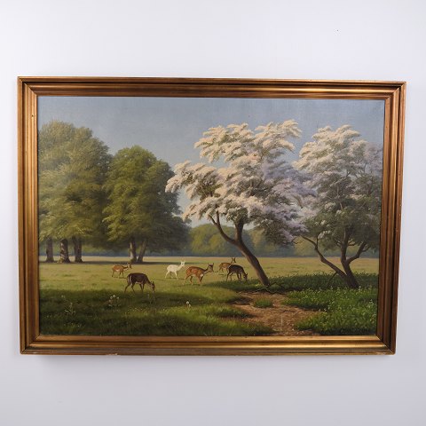 Oliemaleri med Dådyr i Dyrehaven under Blomstrende Træer, signeret, ca. 1910–1920
