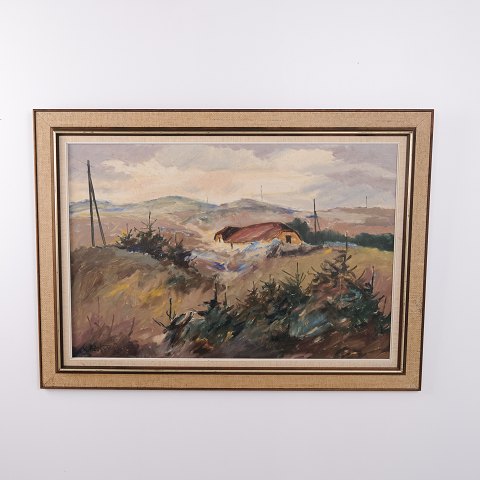 Oliemaleri med Kuperet Landskab, Gård og Grantræer, signeret, ca. 1960–1980