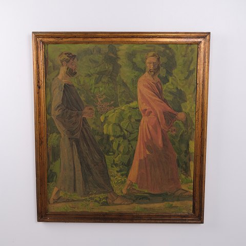 Oliemaleri med To Mænd i Historiske Klæder i Skovlandskab, signeret, ca. 1910–1930