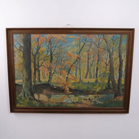 Oliemaleri med Efterårsskov og Vandløb, signeret, ca. 1940–1960