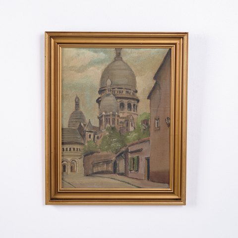 Oliemaleri af Sacré Coeur i Forgyldt Ramme ca. 1920