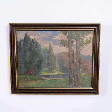 Landskabsmaleri på Lærred med Træer i Guldramme 39 x 48,5 cm