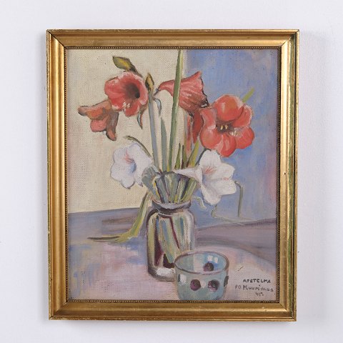 Blomstermaleri på Lærred i Guldramme 38 x 32,5 cm