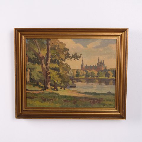 Maleri på Lærred med Slotsmotiv ved Sø i Guldramme 41 x 50 cm