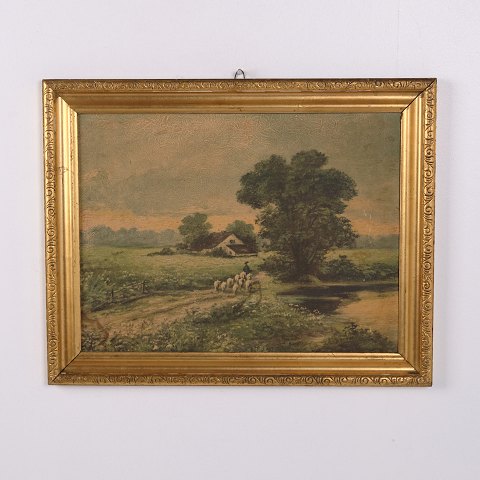 Landskabsmaleri på Plade med Får i Guldramme 37,5 x 47,5 cm