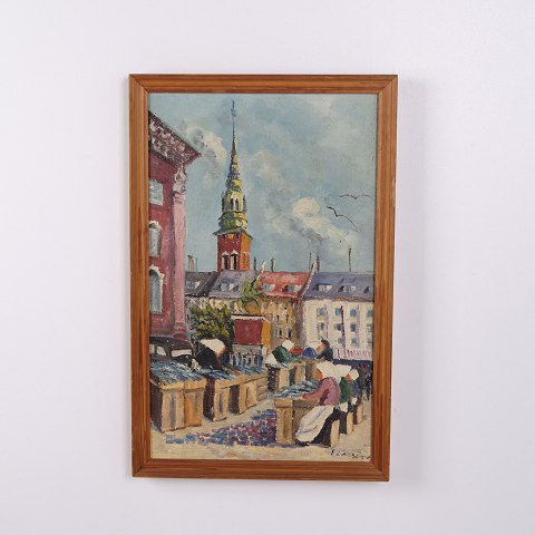 Bymotiv på Lærred med Kirke i Guldramme 61 x 40 cm