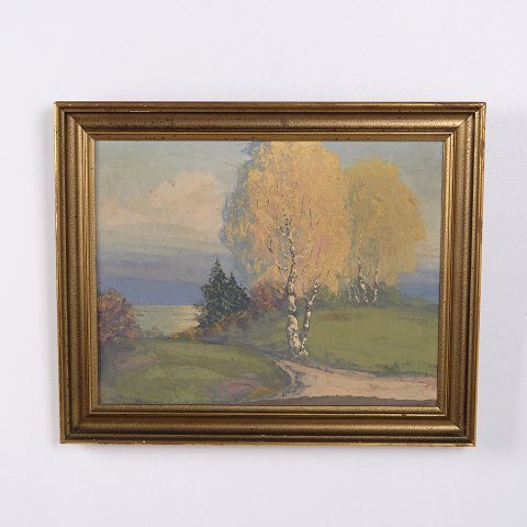 Landskabsmaleri på Lærred med Birketræer i Guldramme 40,5 x 50 cm
