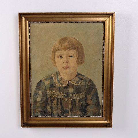 Portrætmaleri på Lærred af Pige i Guldramme 58,5 x 47 cm