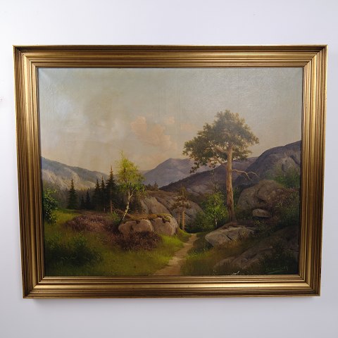 Landskabsmaleri på Lærred med Bjerglandskab og Træer i Guldramme 112,5 x 136 cm