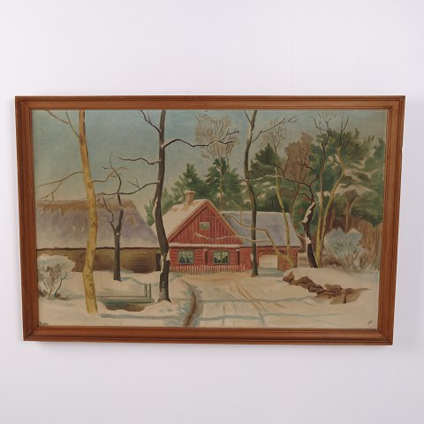 Oliemaleri på Lærred med Vinterlandskab og Hus i Guldramme 58 x 87,5 cm