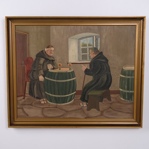 Maleri på Lærred med Klostermotiv og Munke i Guldramme 66 x 81 cm