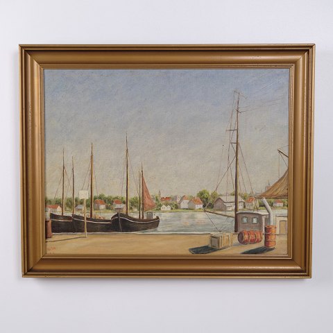 Oliemaleri på Lærred med Havnemotiv og Både i Guldramme 60 x 75 cm