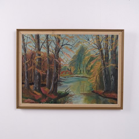 Landskabsmaleri på Lærred med Skovmotiv og Å i Guldramme 47,5 x 64 cm