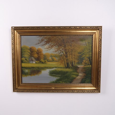Oliemaleri på Lærred med Landskabsmotiv og Sø i Guldramme 59 x 79,5 cm