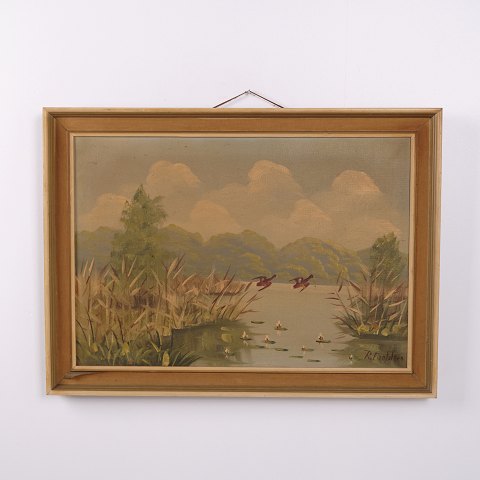 Landskabsmaleri på Lærred med Sø og Ænder i Guldramme 55,5 x 75,5 cm