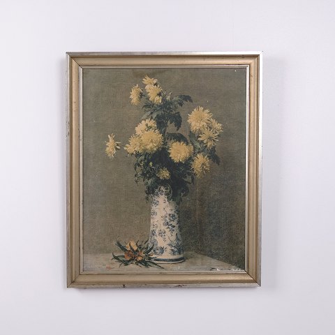 Blomstermaleri på Lærred med Blomster i Vase i Guldramme 62 x 51,5 cm