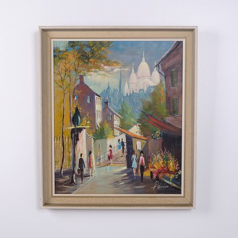 Maleri på Lærred med Gademotiv i Guldramme 72 x 62 cm