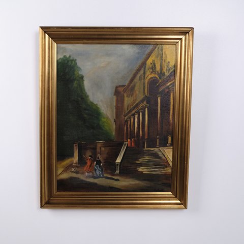 Bymaleri på Lærred med Kirke og Mennesker i Guldramme 76,5 x 62,5 cm