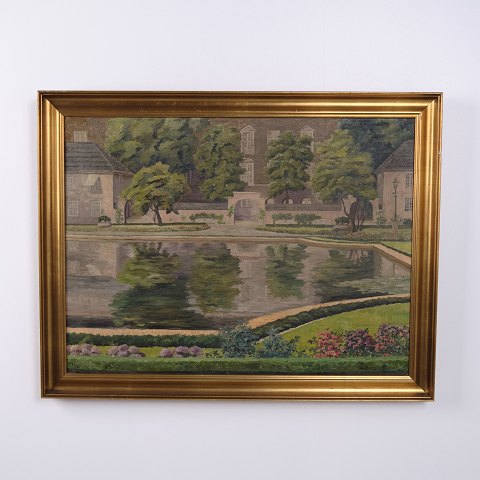 Landskabsmaleri på Lærred med Parkmotiv og Sø i Guldramme 64 x 82 cm