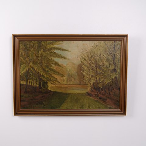 Oliemaleri på Lærred med Skovmotiv, Sti og Lysning i Guldramme 57 x 79 cm