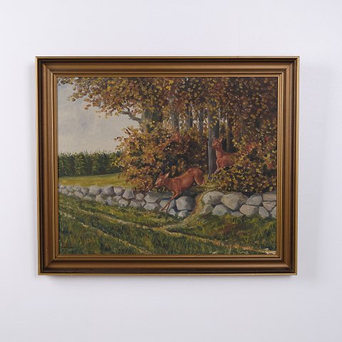 Oliemaleri på Lærred med Rådyr ved Stengærde i Guldramme 58,5 x 70 cm