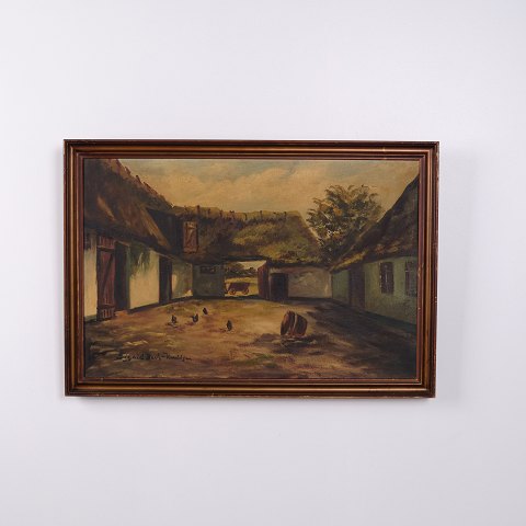Landskabsmaleri med Bondegård, Gårdsplads og Høns Signeret 49 x 71 cm