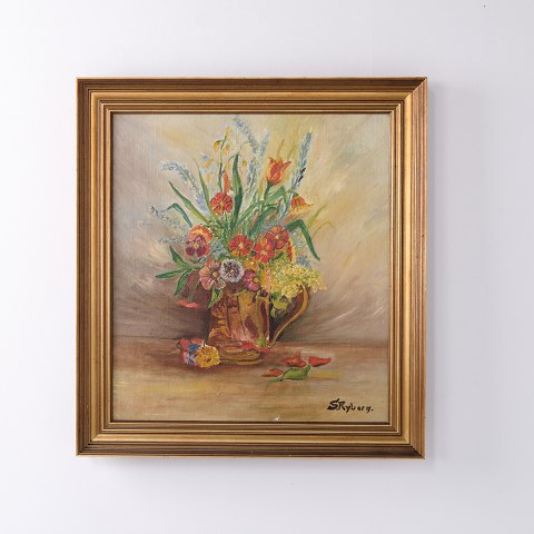 Blomstermaleri med Buket i Forgyldt Ramme Signeret, 1920