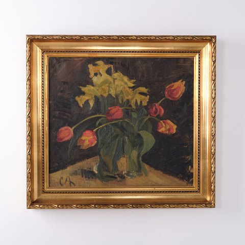 Blomstermaleri med Tulipaner i Forgyldt Ramme Signeret
