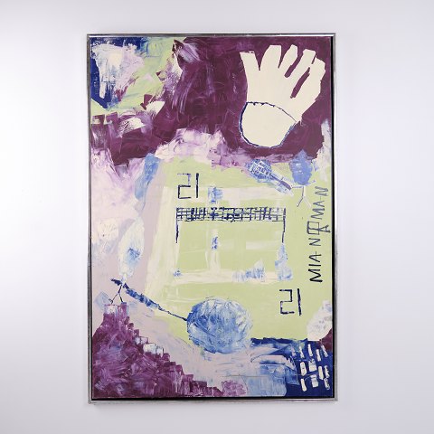 Abstrakt Oliemaleri med Stiliseret Hånd og Grafiske Elementer med Teksten “MIA NORMAN” 155 x 105 cm