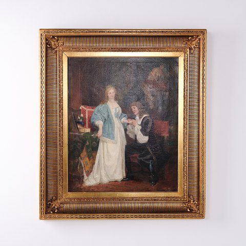 Oliemaleri med To Personer i Interiør i Guldramme fra 1841 92 x 81 cm