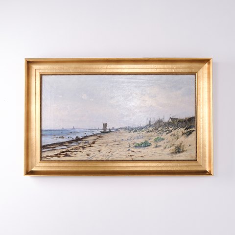 Oliemaleri med Kystparti fra Hornbæk i Guldramme fra 1886 af Alfred Olsen