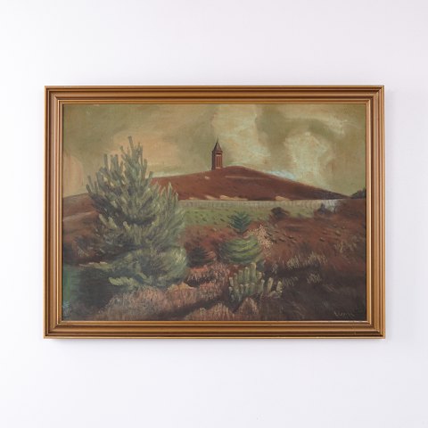 Oliemaleri med Landskab, Bakke og Tårn i Guldramme 57 x 77 cm